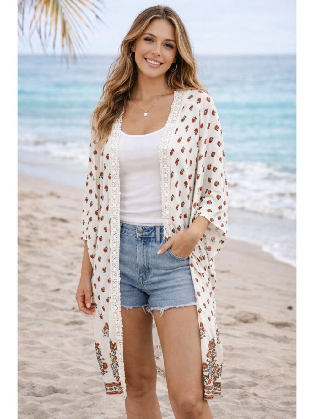 Women's Spring Floral Boho Kimono‎ Topper Crochet Trim Size Large